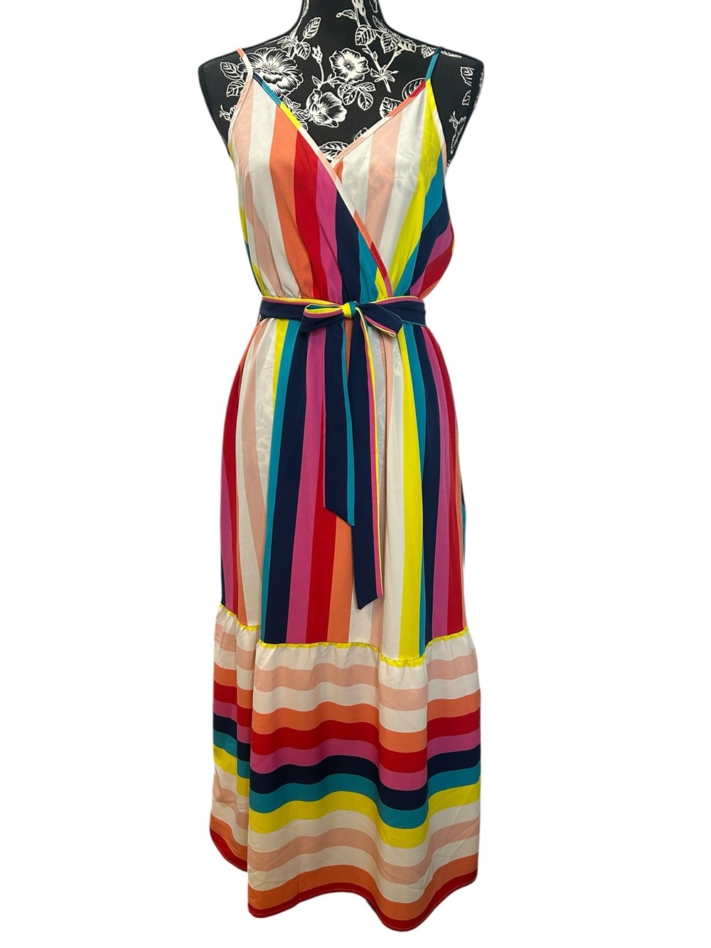 Rainbow Colorblock Striped Spaghetti Strap Maxi Dress Sundress Ruffle Belted L - Picture 6 of 12
